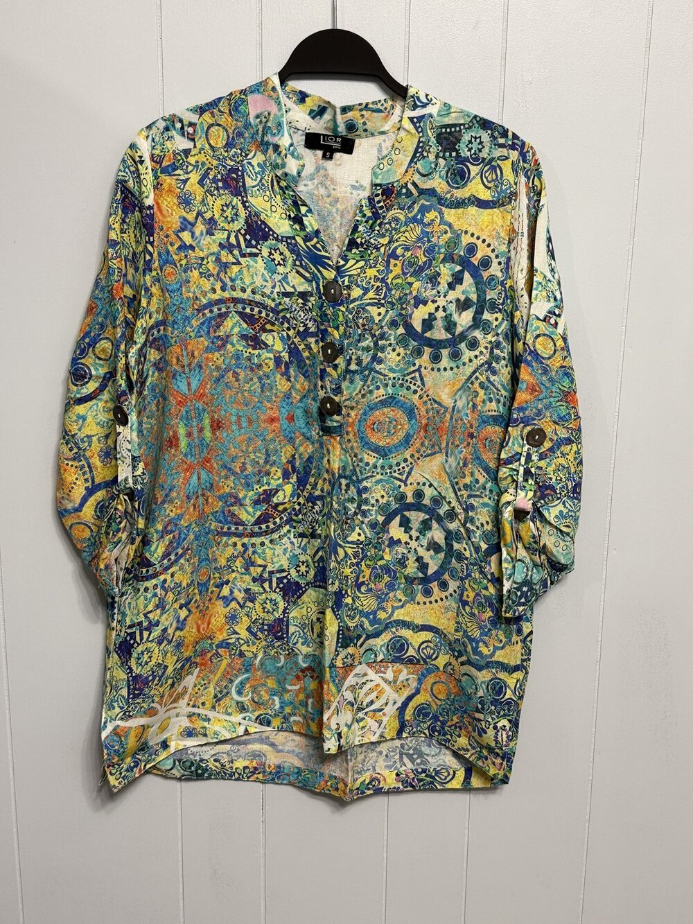 Lior Paris Abstract Print Tunic Top Button Front 3/4 Sleeve Linen Blend S